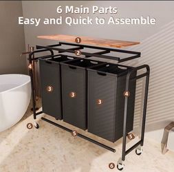 3-Section Laundry Hamper and Laundry Sorter with Pull-Out Organizer Bags, Rolling Laundry Basket with Wheels and Top Shelf, Large Capacity 3 x 12.7 Ga
