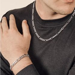 Figaro Silver 925 Bracelet And Necklace Set 