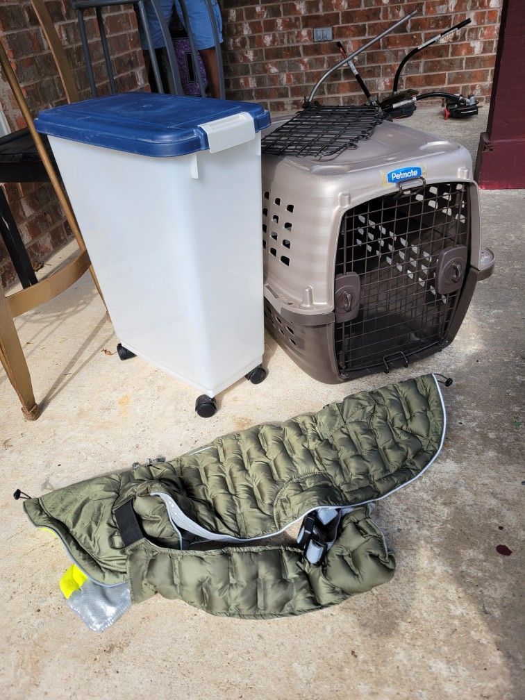 $15 EACH/$30 all. Dog pet crate carrier. Coat. Food storage container