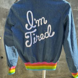 Embroidered Denim “I’m Tired” Light Jacket Rainbow Smiley