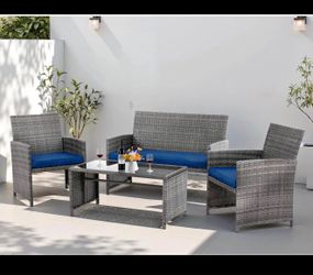 4 Piece Patio Ratten Set Outdoor Furniture Set Wicker Conversation Set with Cushions and Tempered Gl