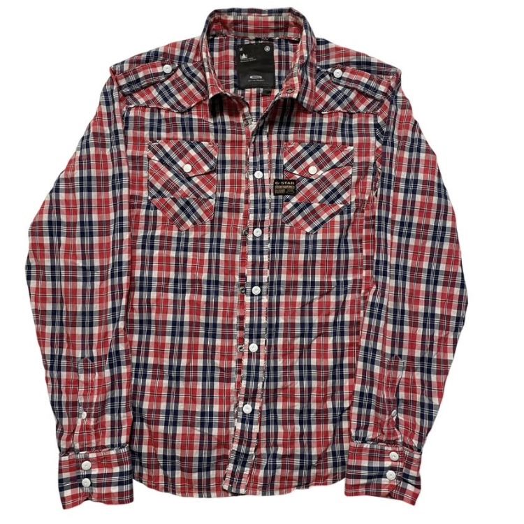 G-Star Raw Red Plaid Embroidered Zip Up Button Down Long Sleeve Shirt Size L