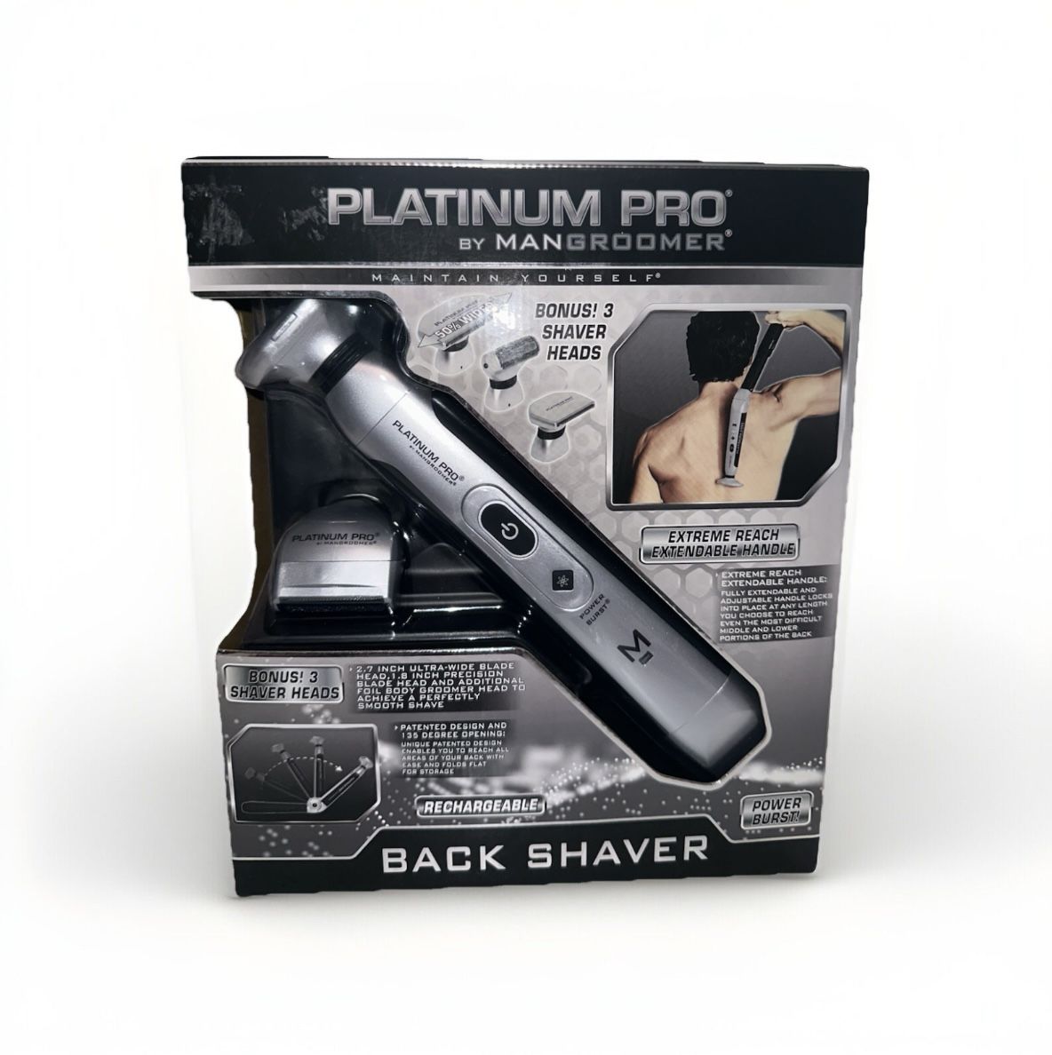  Mangroomer Platinum Pro - Back Shaver with 3 Shock Absorber Flex Heads, NEW