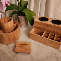 Bamboo Hair Tool Caddy Makeup Brush Holder