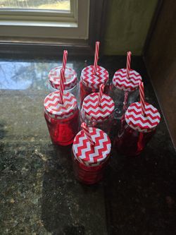 7 red and clear jars w/straws (New) 