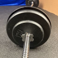 Standard Steel Curl Bar with Cast Iron Weight Plates pairs: 15#, 10 & 5 #. Total: 76 pounds
