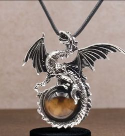Pendant Necklace Featuring a Lucky Natural Stone Pterosaur Alloy Charm