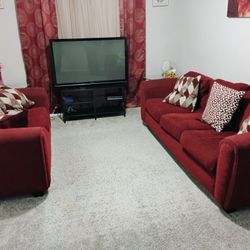 Red Sofa, Loveseat With 2 sides Table