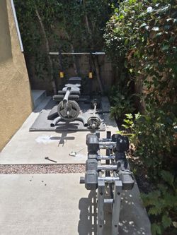Brench press weights, curl bar, barbells, mat