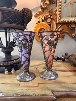 Pair of Art Nouveau Style Metal Overlay Glass Vases