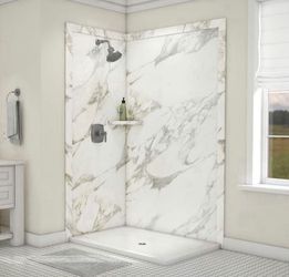 FlexStone Elegance 36 in. x 48 in. x 80 in. 7-Piece Easy Up Adhesive Corner Shower Wall Surround in Calcutta Gold