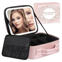 Makeup Bag with LED Lighted Mirror| Portable Makeup Organizer Train Case with 2X/3X Magnification & 3 Color Lights for Precision, Adjustable Brightnes