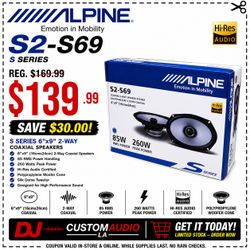 Alpine S Series Car Speakers 1-Set 6x9 Inch 2-Way Coaxial Speaker System 260 Watts S2-S69 🚨 Payment Options Available 🚨 No Credit Needed 🚨