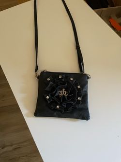 Black Crossbody Bag with Ruffle and Rhinestones