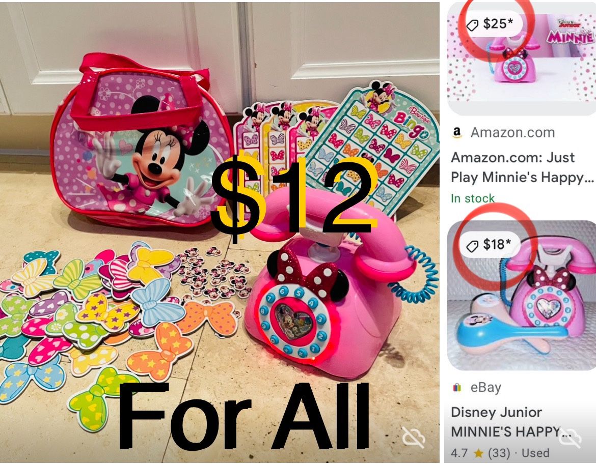 $12 Batteries Included Bundle of Minnie 🎀 Mouse Telephone 📞, Purse &Bingo game