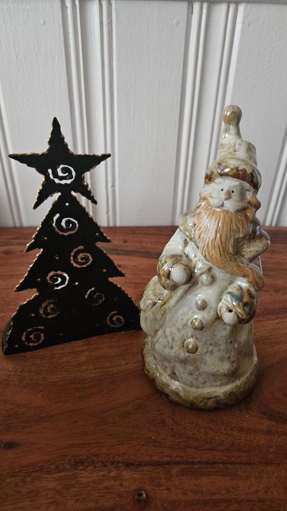 Ceramic Santa & Metal Christmas Tree Candle Holder