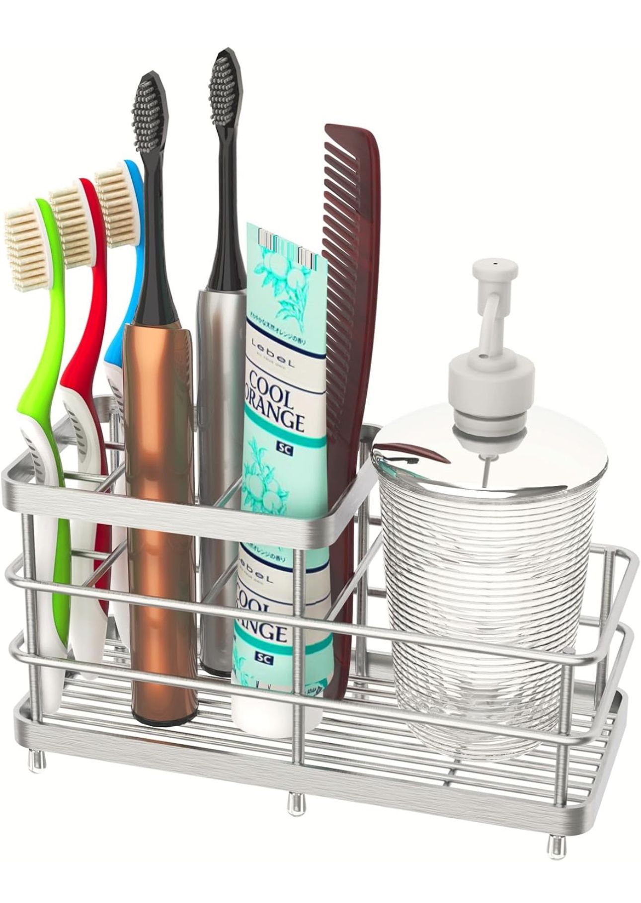 Toothbrush Holders, WHALCHI Bathroom Toothbrush Organizer 6 Slots Rustproof Metal Toothbrush and Toothpaste Holder, Silver, L