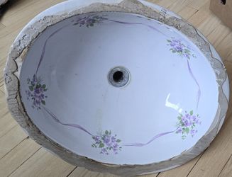 Vintage PORCELAIN under-mount SINK w/ Faucet & Handles