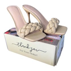 Ermonn Nude Braided Square Toe Mules High Heel Sandal Slides Size 5 NEW