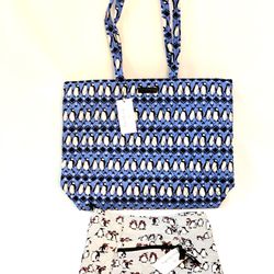 Vera Bradley Playful Penguins Blue Essential Tote and Hipster Crossbody Bag 