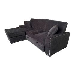 BLACK LHF Chaise Storage Pull Out Bed Sectional Sofa w/ USB