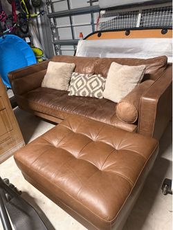 Article - Brown Leather Love Seat and ottoman