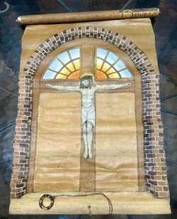 As-Is Antique 1920s-1930s Double Sided Pull Down Church Chart Crucifixion Oswego Hartshorn Shade