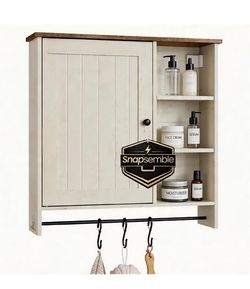 Home Bathroom Wall Cabinet, Snapsemble Superfast Assembly Over the Toilet Medicine Storage Cabinet with Adjustable Shelves, Rustic White and Honey Bro