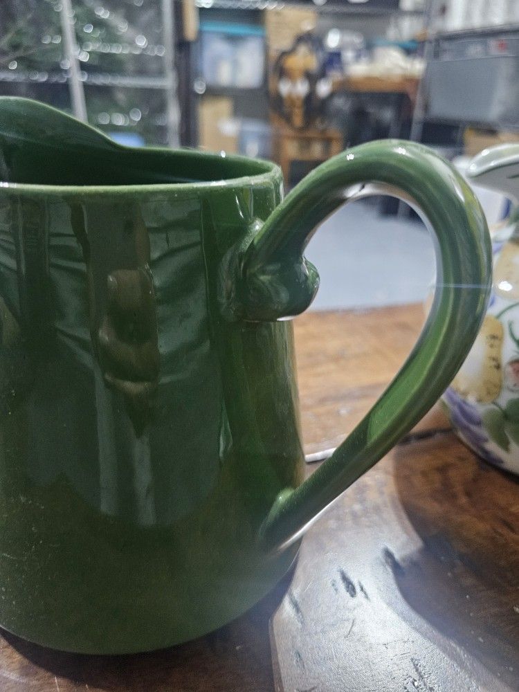 Baum Bros Style Eyes Mid Century Modern Retro Green Pitcher Jug w Handle Spout