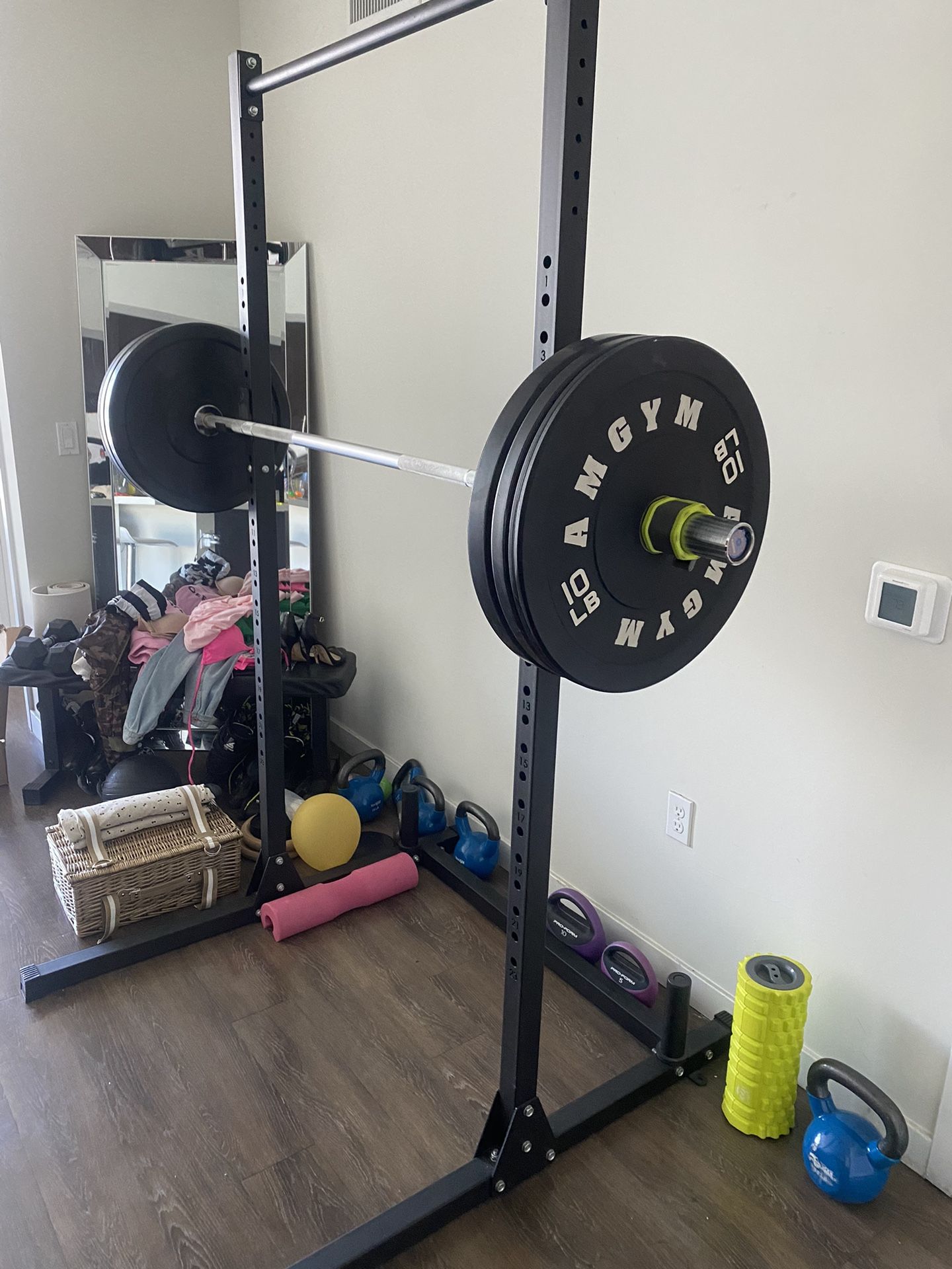 Squat Rack Bench Press With Barbell And Weights