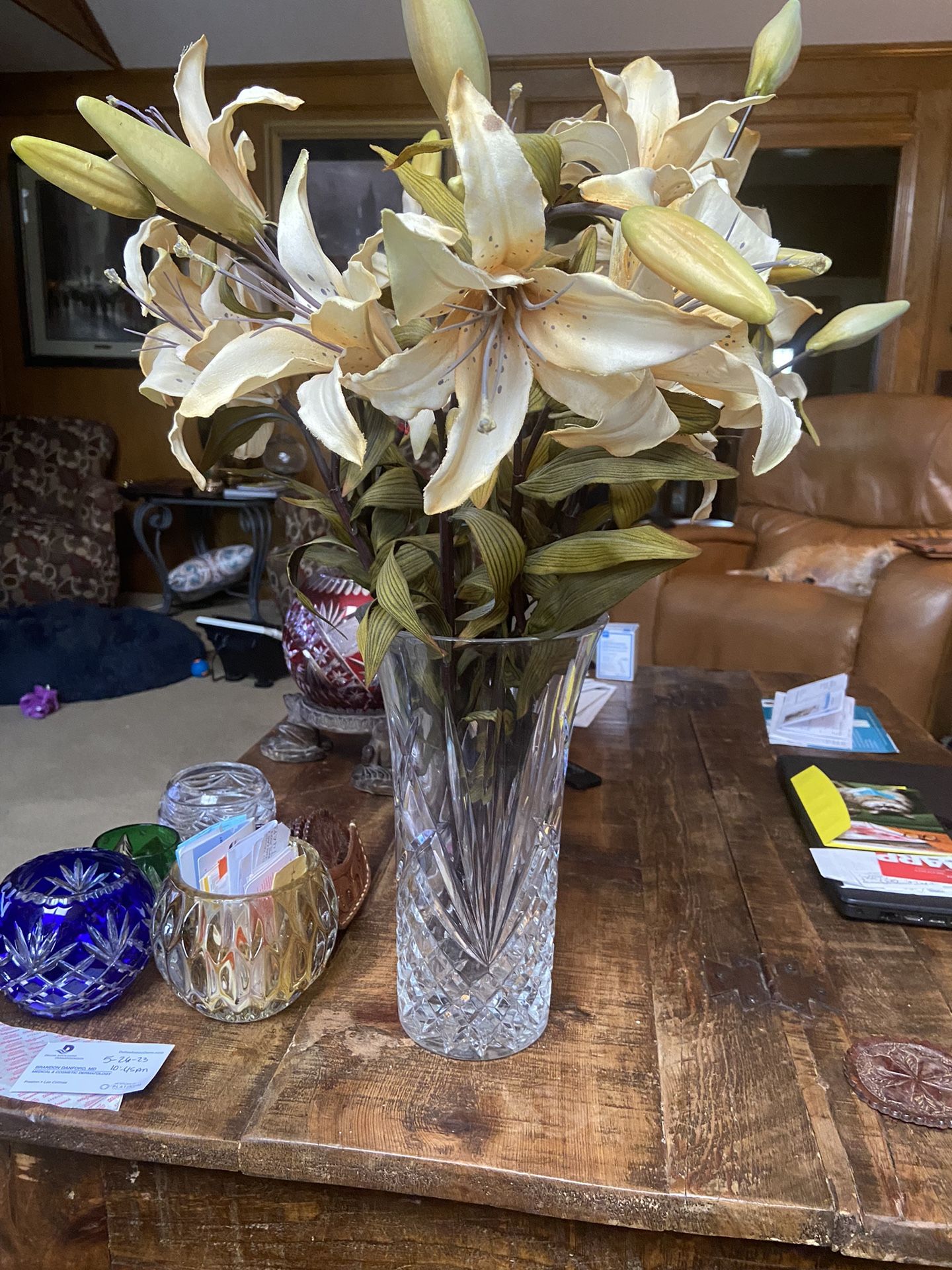 Chrystal Vase Approximately 15” Tall With Silk Flowers
