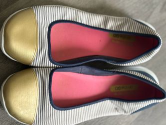 Navy Stripe Gold Cap-Toe Ballet Flats