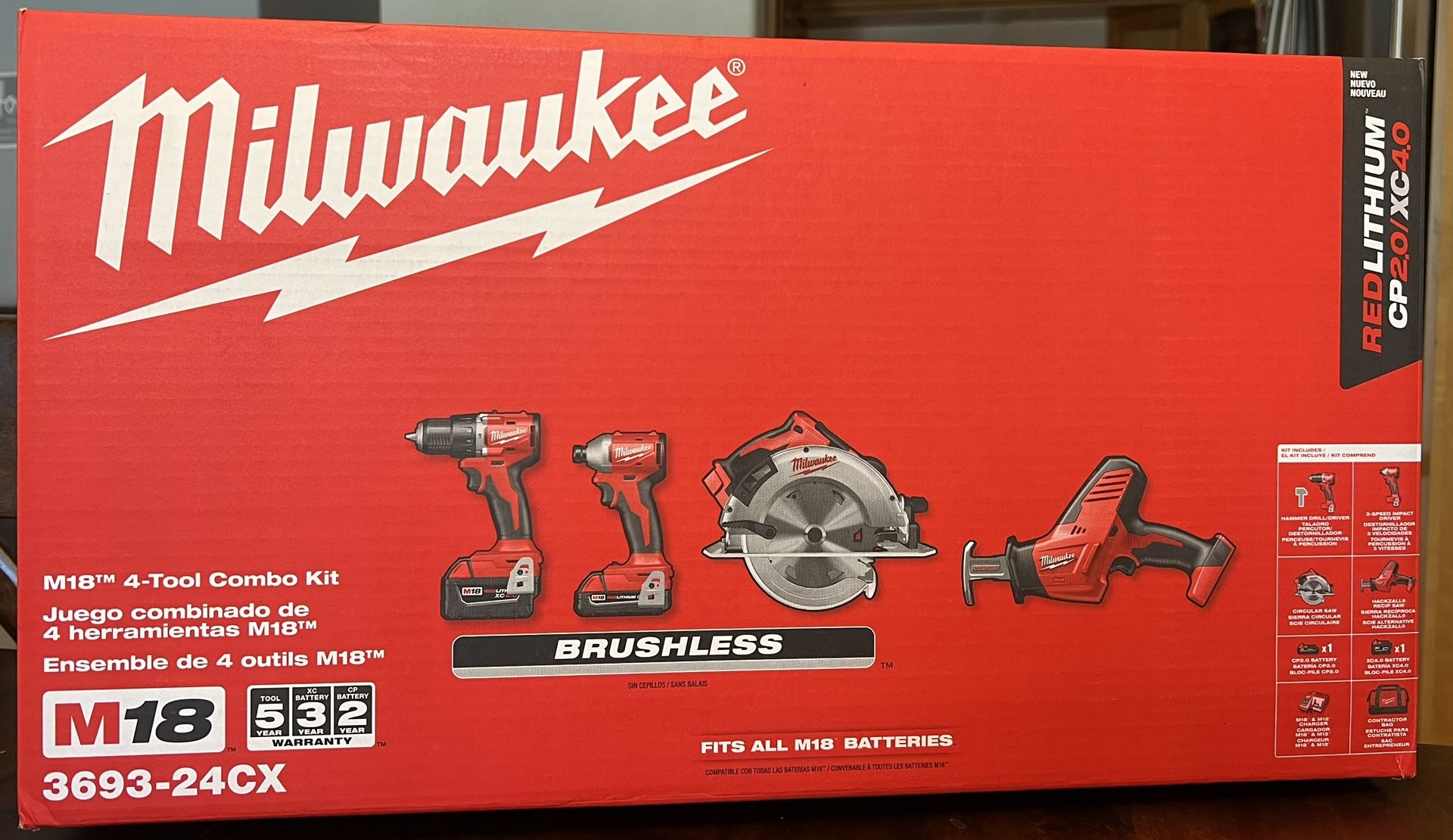 Milwaukee M18 18-Volt Lithium-Ion Brushless Cordless Combo Kit (4-Tool) with 2-Batteries, 1-Charger and Tool Bag