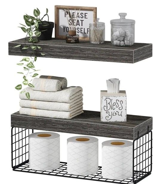 Wall Mounted Floating Shelves with Basket, Set of 2, Grey
