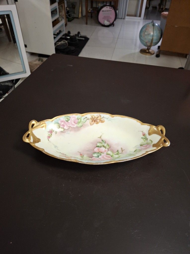 Gorgeous Oval Ceramic Limoges With Gold Accents Ribbons & Florals W/Scalloped Edges 10.5" X 5.5"