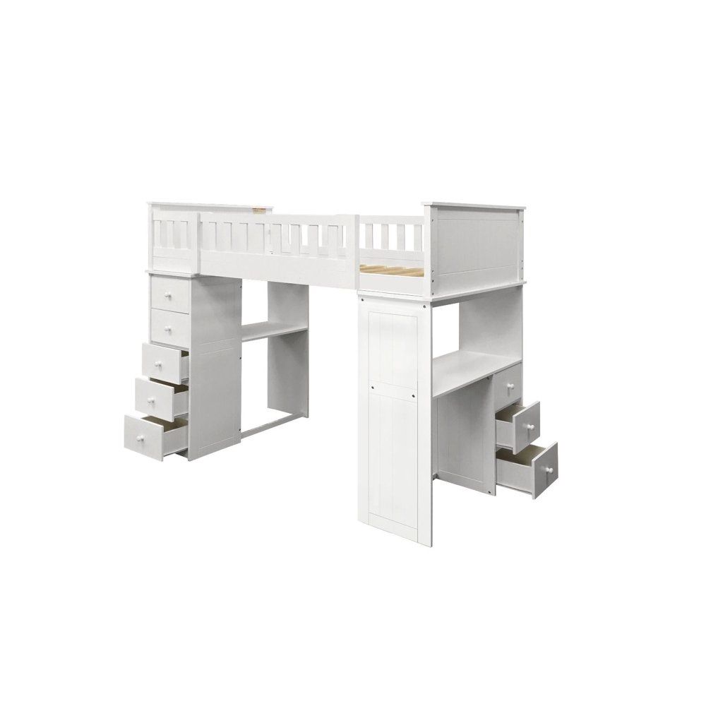 Twin Loft Bed with 5 Storage Drawers, Desk with 3 Drawers and Shelves for Kids, Bed Frame with Guard Rail and Ladder, White