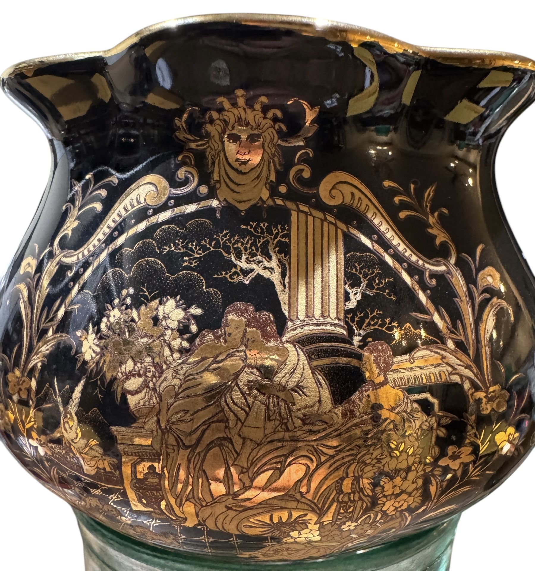Rare Vintage Black and Gold Gilded Porcelain Flower Pot,with Ruffled Rim