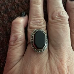 Vintage Sterling, Onyx & Marcasite Ring, sz 6
