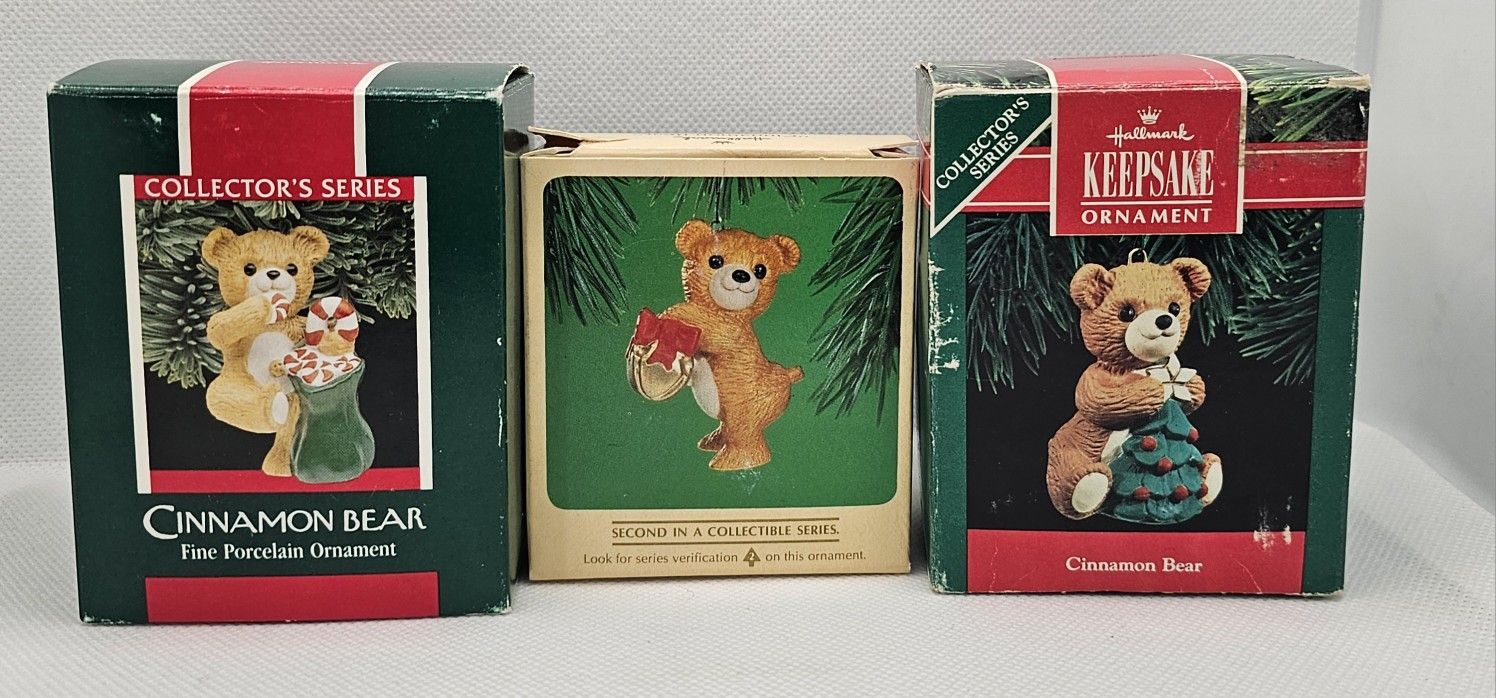 3 Hallmark Ornament CINNAMON BEAR SERIES Porcelain 2 7 8 set lot series 1984 89

Cinnamon bear series 

2nd in series - 1984
7th in series - 1989
8th 