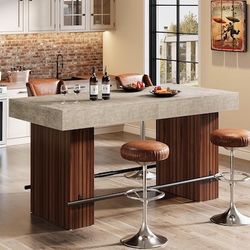 Home Bar Table 35.4 H x 62.2 W Gray Cement and Red Brown Rectangular Counter Height Pub Dinin g Table with Metal Footrest