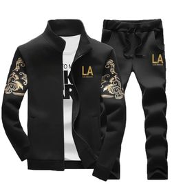 Men's Casual 2-Piece Outfit, Stylish Printed Full Zip Jacket & Drawstring Pants, Casual Sportswear Suit