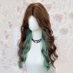 26-inch Long Dark Green & brown Highlights Curly Wig with lace front