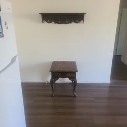 Vintage  Handcarved Wall Shelf Coat Rack And Vintage Broyhill 22 Inch End Table