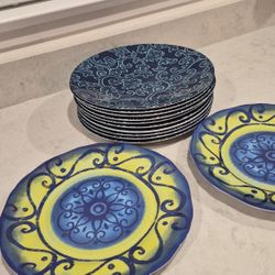 Melamine Dishware Set, 10 Paisley Blue W/ 2 Accent Plates