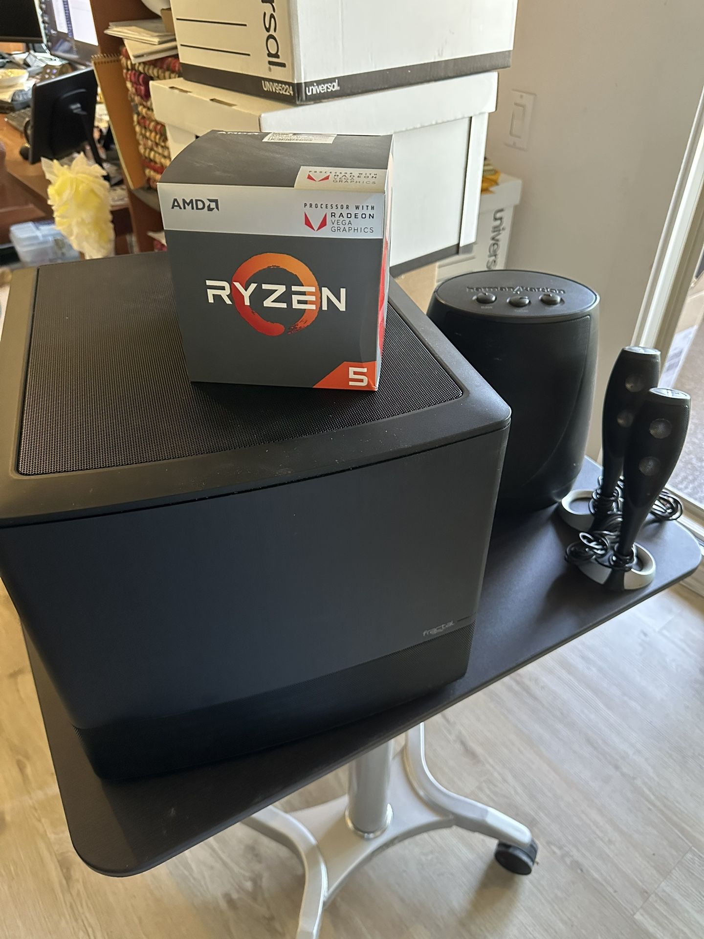 Fractal Design Node 804 PC Case With Ryzen Processor And Harmon Kardon Subwoofer And Speakers