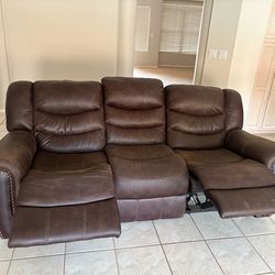 Brown Faux Leather Couch - Manual Recliner