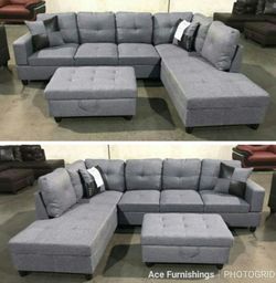 Brand New Grey Denim Linen Sectional With Storage Ottoman & 2 Decorative Pillows