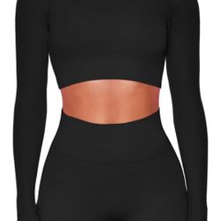 Women Workout Sets 2 Pieces Long Sleeve Yoga Outfits Gym Clothes Seamless Ribbed Crop Top High Waist Leggings