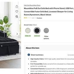 NEW IN BOX Sofa Bed with Phone Stand, USB Port, 3-in-1 Convertible Futon Sofa Bed, Loveseat Sleeper for Living Room/Apartment, Black Velvet