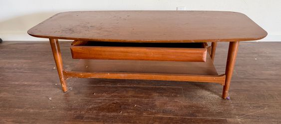 Vintage MCM Walnut Surf Board Style Coffee Table w/ Dual Access Drawer